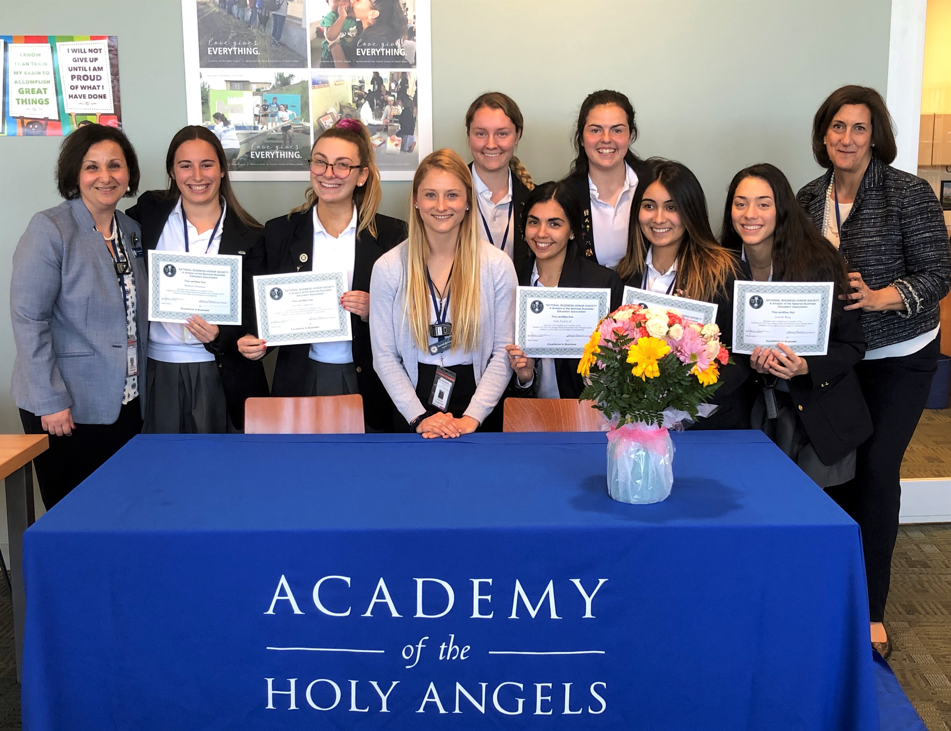 Front row (L-R): AHA Academic Dean Francesca Tambone-Puzio, Madison Donohue, Nicolette Angelotti, AHA teacher Krystal Hermanns, 