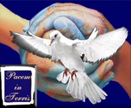 image of two hands with an implied earth on the hands, holding a white dove with text saying Pacem in Terris
