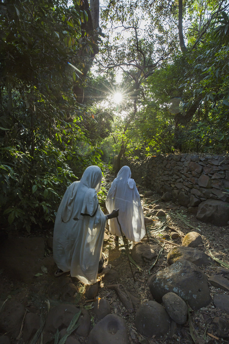 Two women walk towards Betre Mariam church in the forests of the Zege peninsula, near Lake Tana.