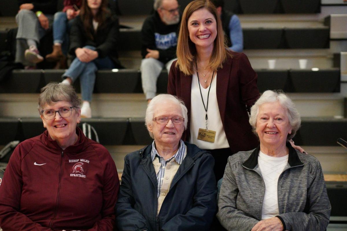 Sister Kathleen Jancuk, Sister Francita Hobbs, and Sister Phyllis McNally, with Jennifer Flinn, current principal. The Sisters have collectively taught young people for over 181 years!
