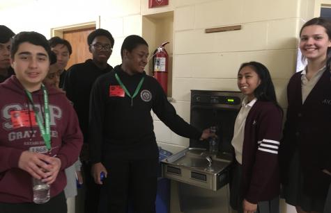 Students at the water filling station