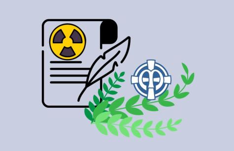 image with icon for a treaty, a nuclear symbol, green leaves and the SSND Logo blue and white