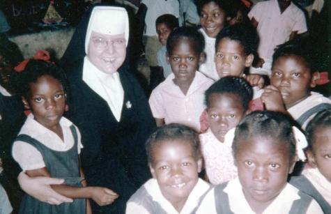 Photo caption: Sister Aloysia Zimmer visiting a school in Trinidad