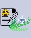 image with icon for a treaty, a nuclear symbol, green leaves and the SSND Logo blue and white